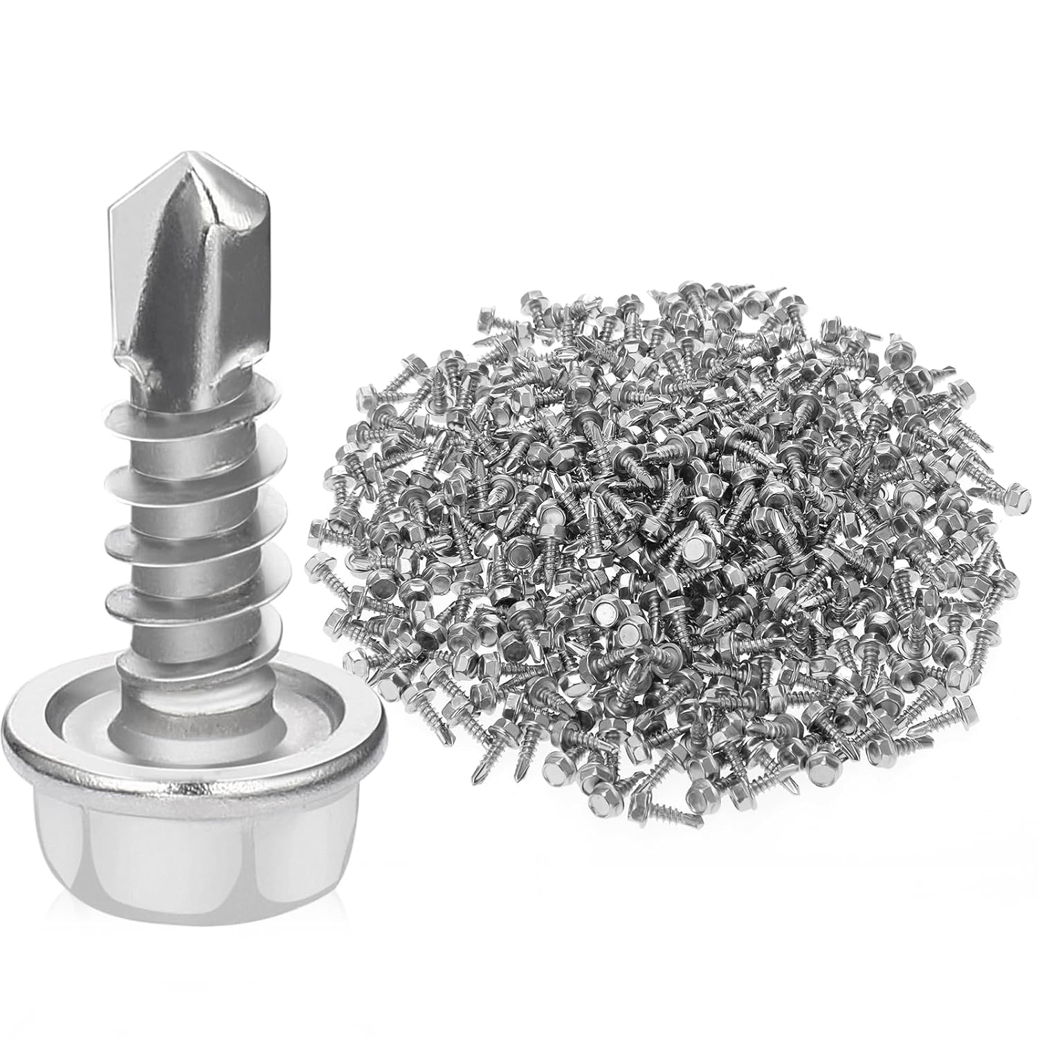 Zonon 500 tornillos autoperforantes de cabeza hexagonal #8 x 12 pulgada para chapa de metal, tornillos autorroscantes de acero inoxidable 410,