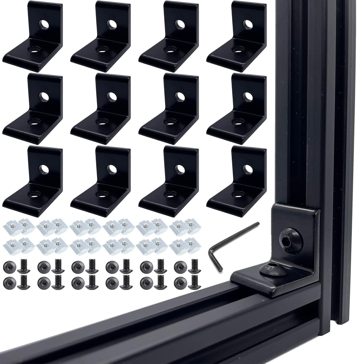 12 conectores de perfil de aluminio de la serie 2020, 12 piezas de soporte de esquina L, con tuercas deslizantes en T y pernos para perfiles de