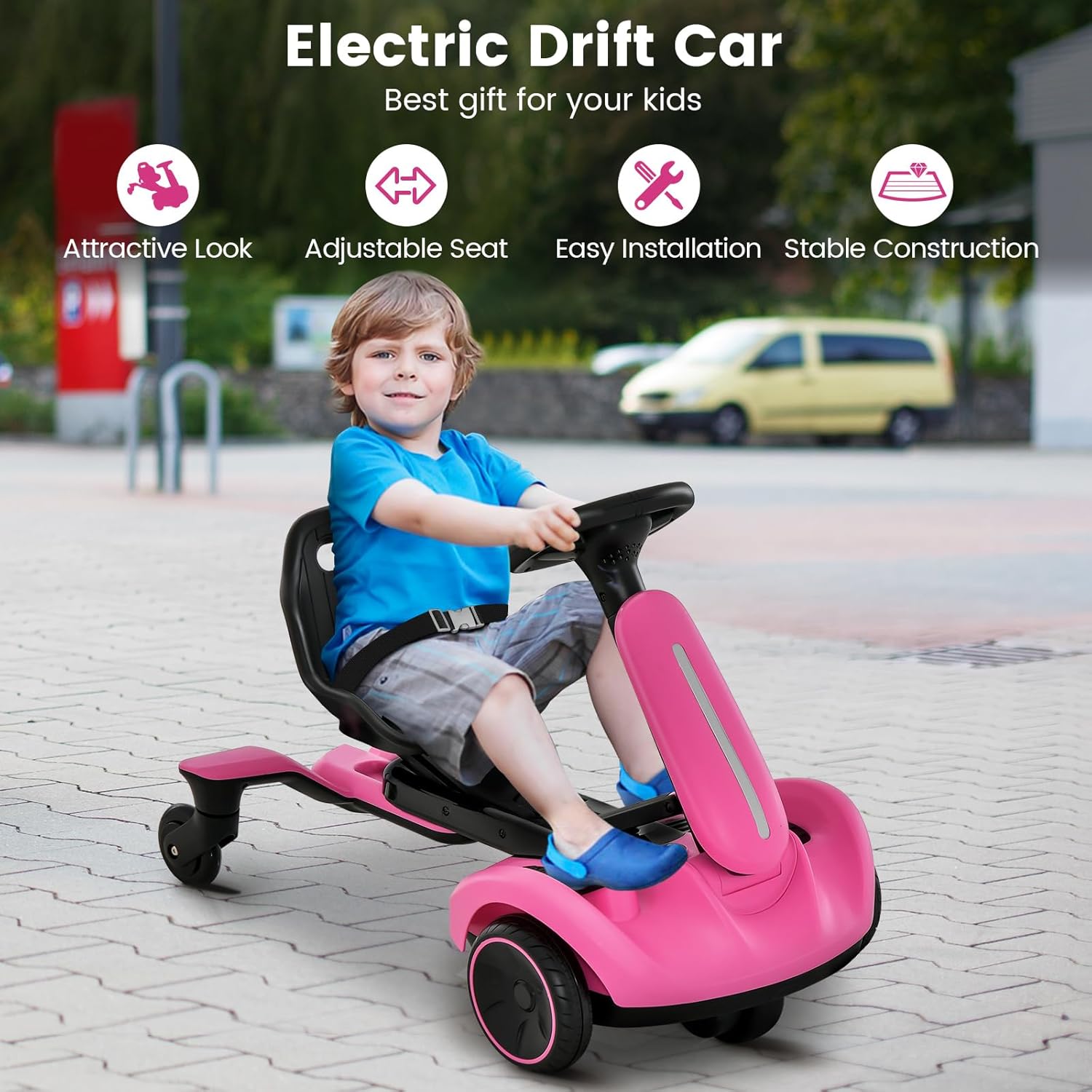 Costzon Coche de deriva eléctrico de 6 V con giro de 360 grados, asiento ajustable de 2 posiciones arriba y abajode adelante a atrás, velocidad
