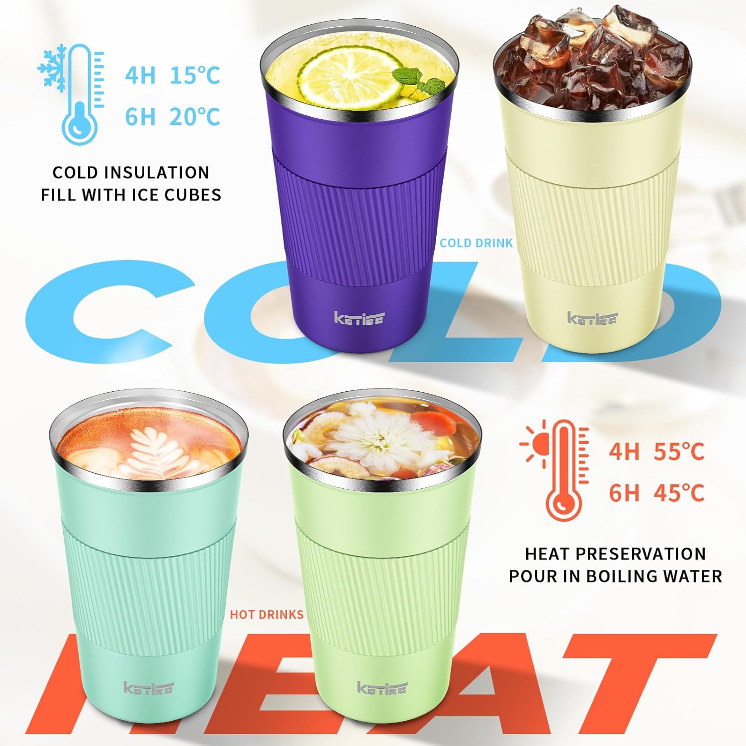 KETIEE Taza de café de 12 onzas taza de café aislada al vacío con tapa a prueba de fugas, taza de café de viaje de acero inoxidable de doble pared