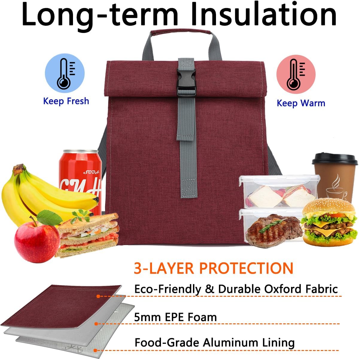 Lonchera térmica para hombresmujeresniños, lonchera reutilizable con correa ajustable para el hombro, contenedor térmico para el almuerzo para