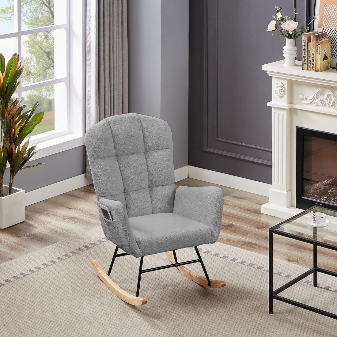 hansones Mecedora para guardería, silla deslizadora tapizada con respaldo alto, sillón para sala de estar, dormitorio, oficinas (gris peluche)