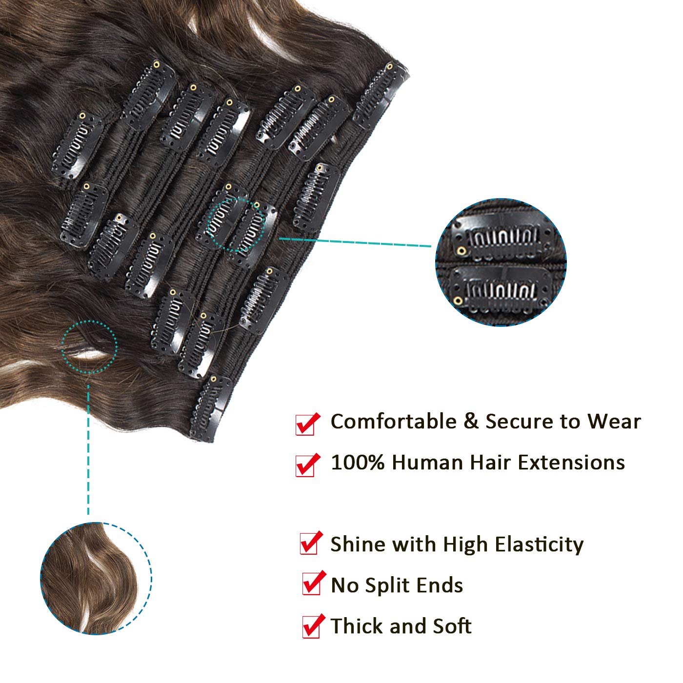 Anrosa Extensiones de cabello humano Remy ondulado natural de 18 pulgadas, color negro natural #1B4, color negro natural en marrón oscuro #4, 4.23