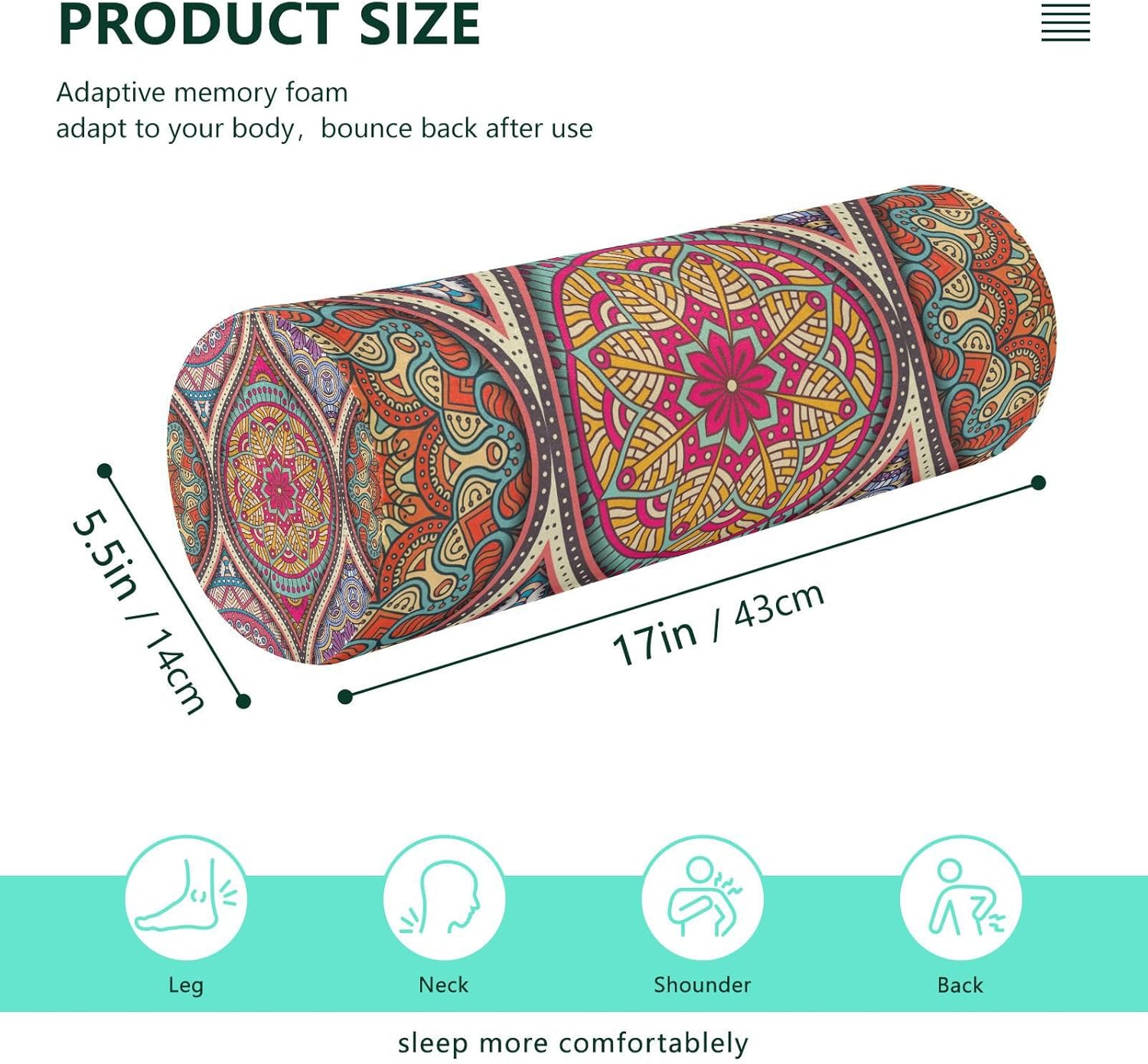 Kigai Almohada cervical para aliviar el dolor de cuello, mandala bohemio, rollo de espuma viscoelástica, almohada cervical redonda para piernas,