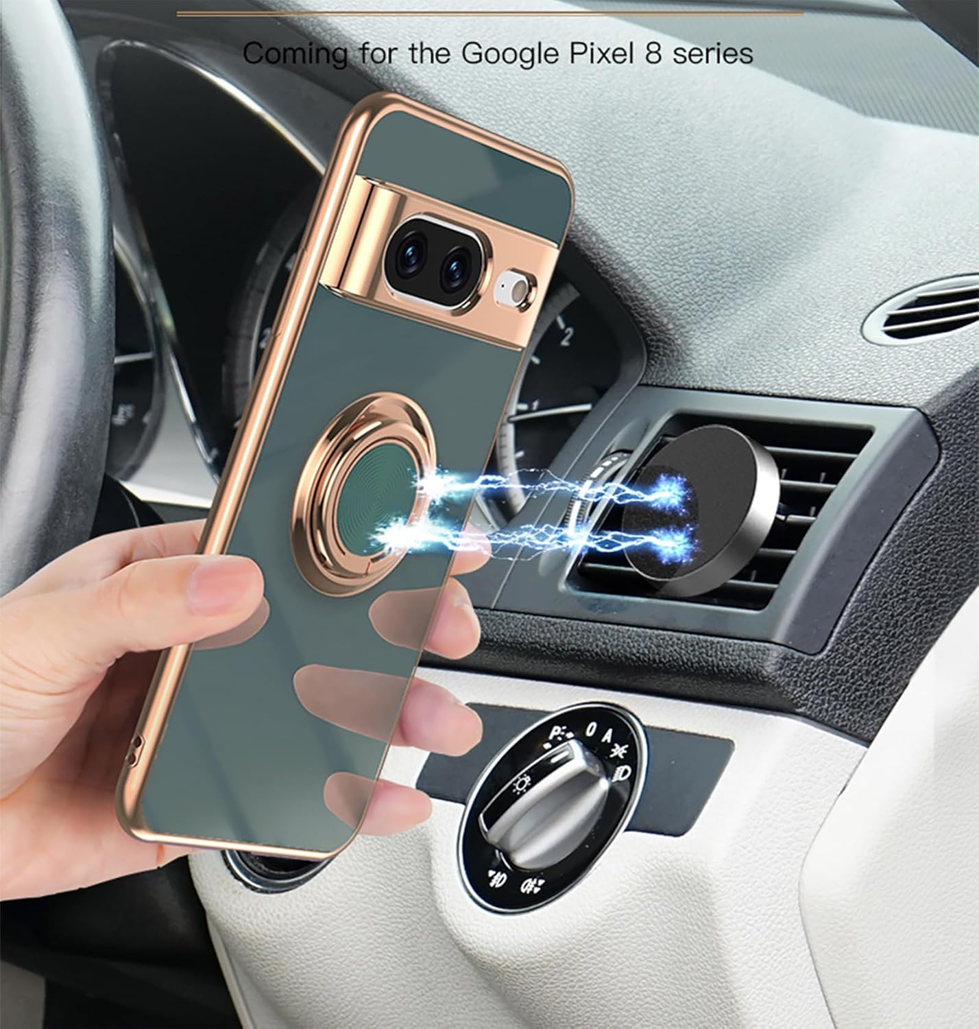 Funda para Google Pixel 8  Slim Fit soporte giratorio de anillo lujoso color dorado metal cubierta de silicona suave TPU protección a prueba de