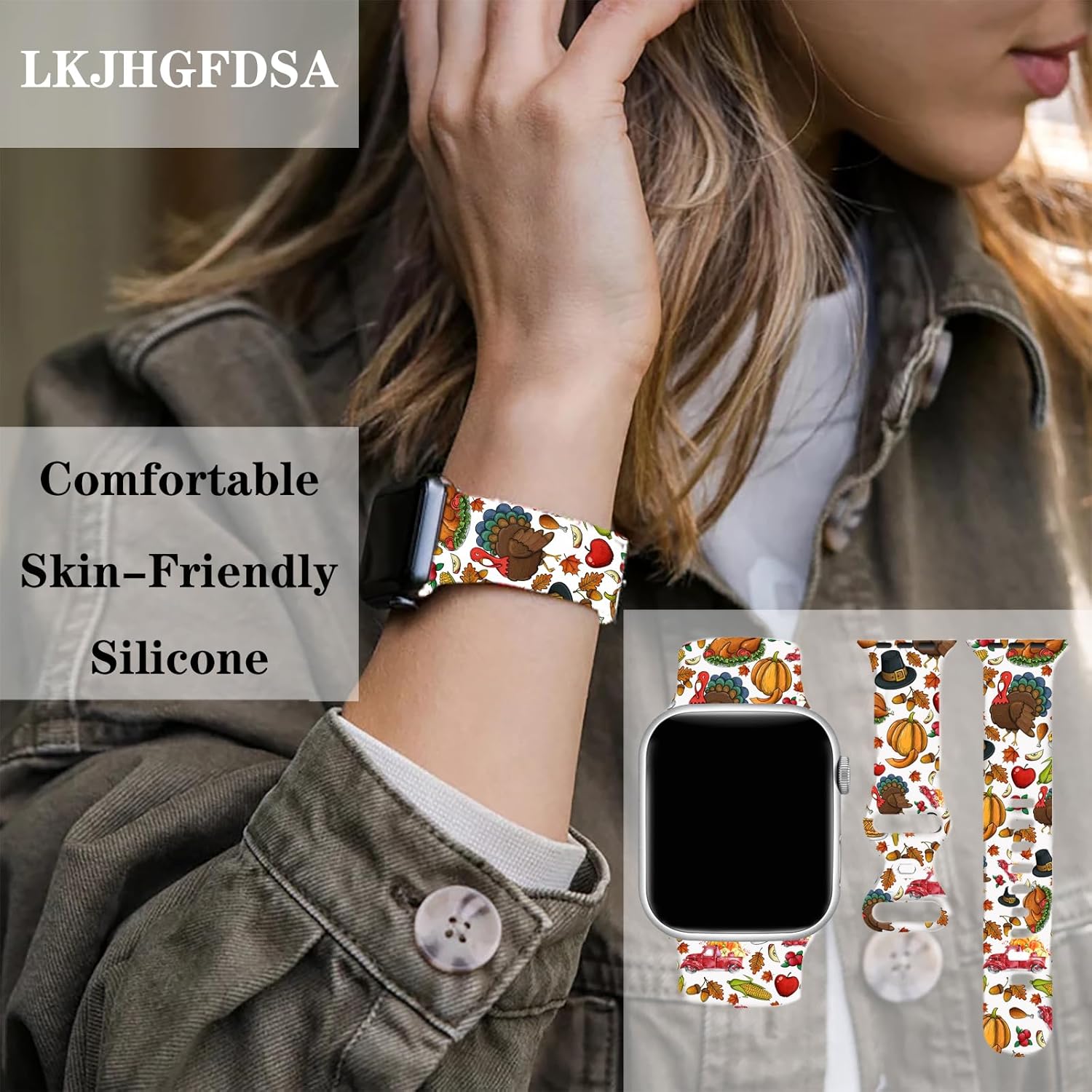 Correa de reloj de Acción de Gracias compatible con Apple Watch de 1.496 in 1.575 in 1.614 in 1.654 in 1.732 in 1.772 in 1.929 in, pulsera de
