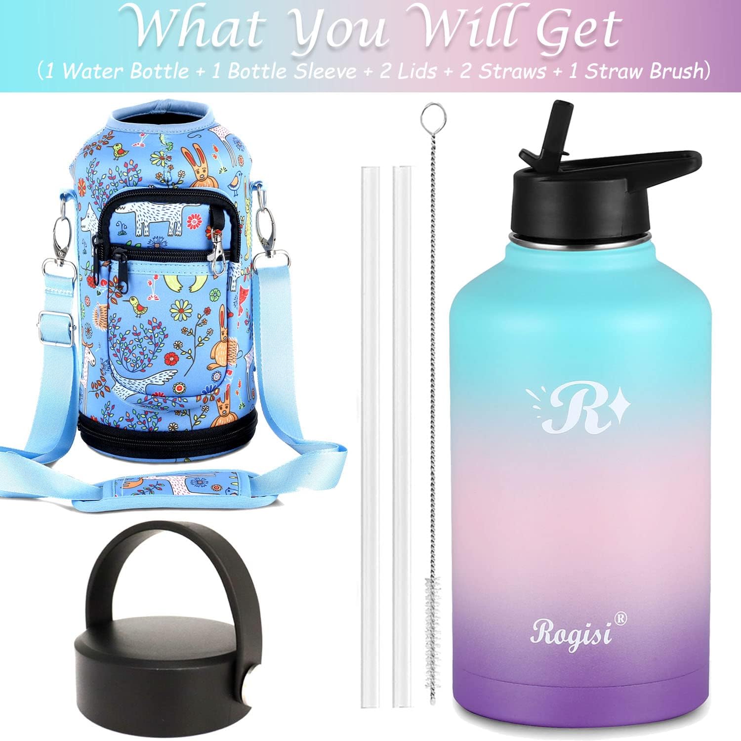 Botella de agua grande de medio galón64 onzas aislada con popote, funda y 2 tapas, jarra de agua de acero inoxidable con boca ancha, termo de metal