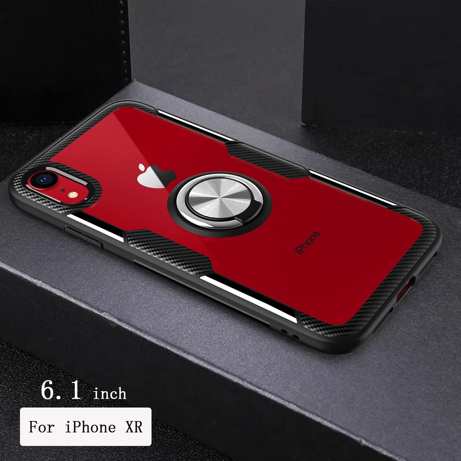 Funda con anillo para iPhone XR, diseño de fibra de carbono de cristal transparente, antiarañazos, con soporte de anillo de rotación de 360 grados