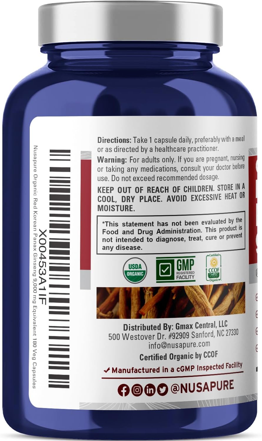 NusaPure Rojo coreano Panax Ginseng 9,000 mg 180 cápsulas vegetales (USDA orgánico, sin OMG, extracto 201)