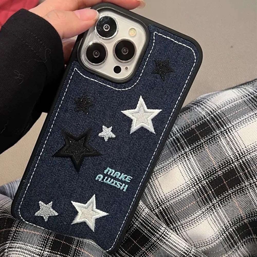 Casechics Funda compatible con iPhone, funda de silicona con bordado de tela vaquera fresca, protección para lente de cámara, suave a prueba de