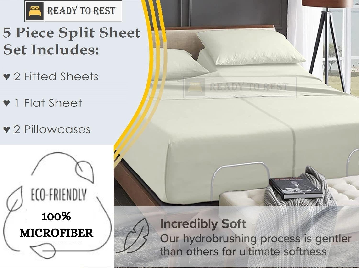Sábanas Split King – Sábanas ajustables divididas de 5 piezas tamaño King dividido para cama con números de sueño, sábanas de microfibra ultrasuave