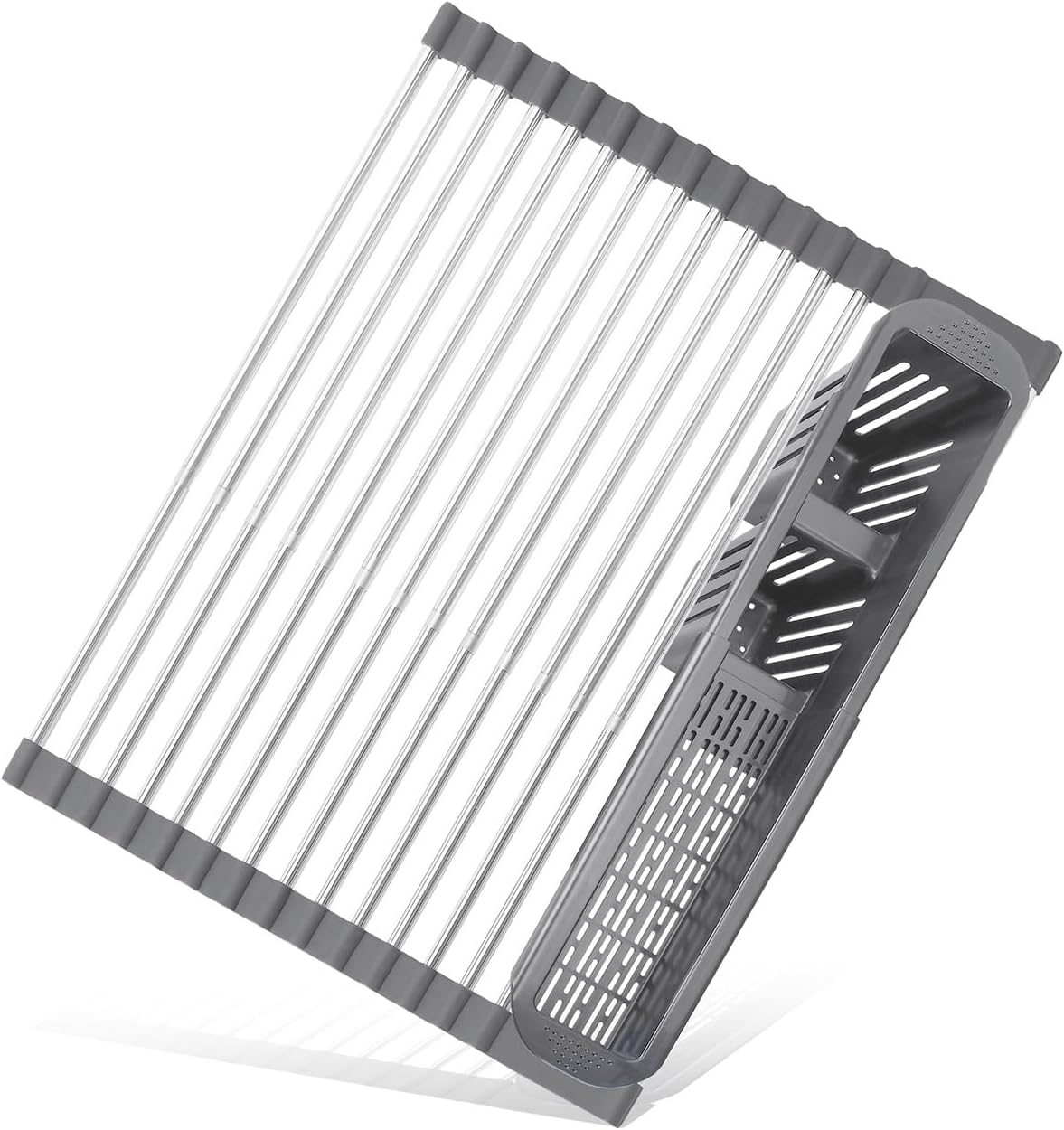 Escurridor de platos enrollable, escurridor de platos extensible sobre el fregadero, estante de cocina de acero inoxidable con soporte para