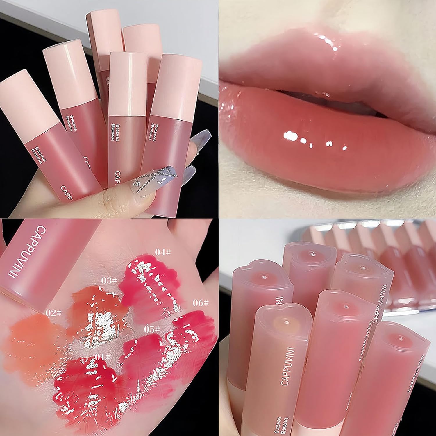 Juego de 6 brillos de labios rosa corazón, color vivo, acabado jugoso y brillante, tinte hidratante de larga duración altamente pigmentado,