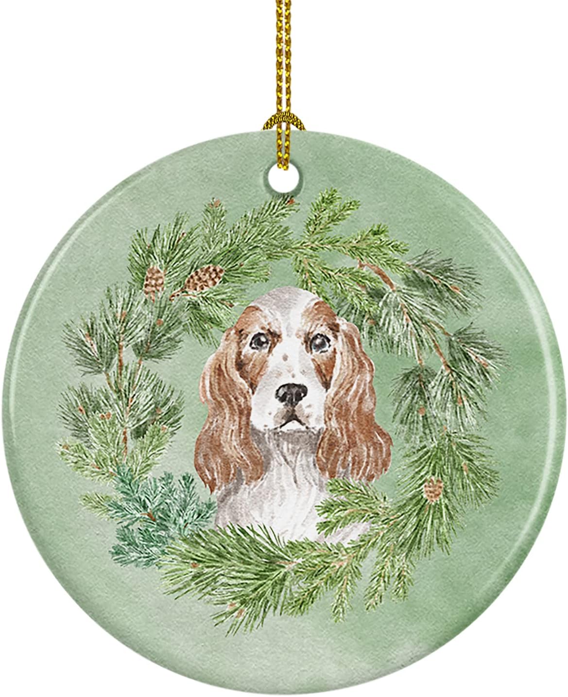 Caroline’s Treasures Cocker Spaniel – Corona de Navidad roja y blanca, adorno de cerámica para colgar en el árbol de Navidad, decoración para el
