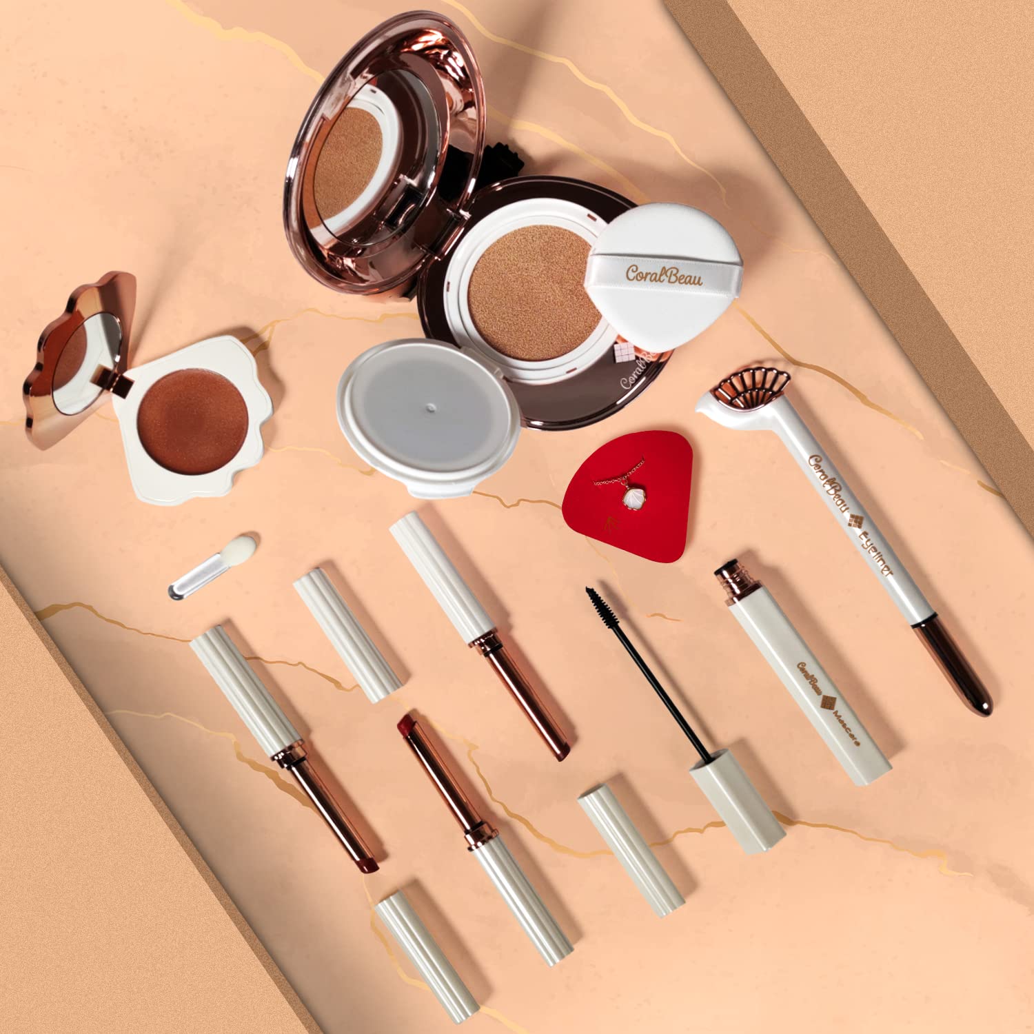 Juego de maquillaje Shell – Kit de maquillaje todo en uno para mujeres con polvo de crema BB compacto, paleta de sombras de ojos con tonos marrones,