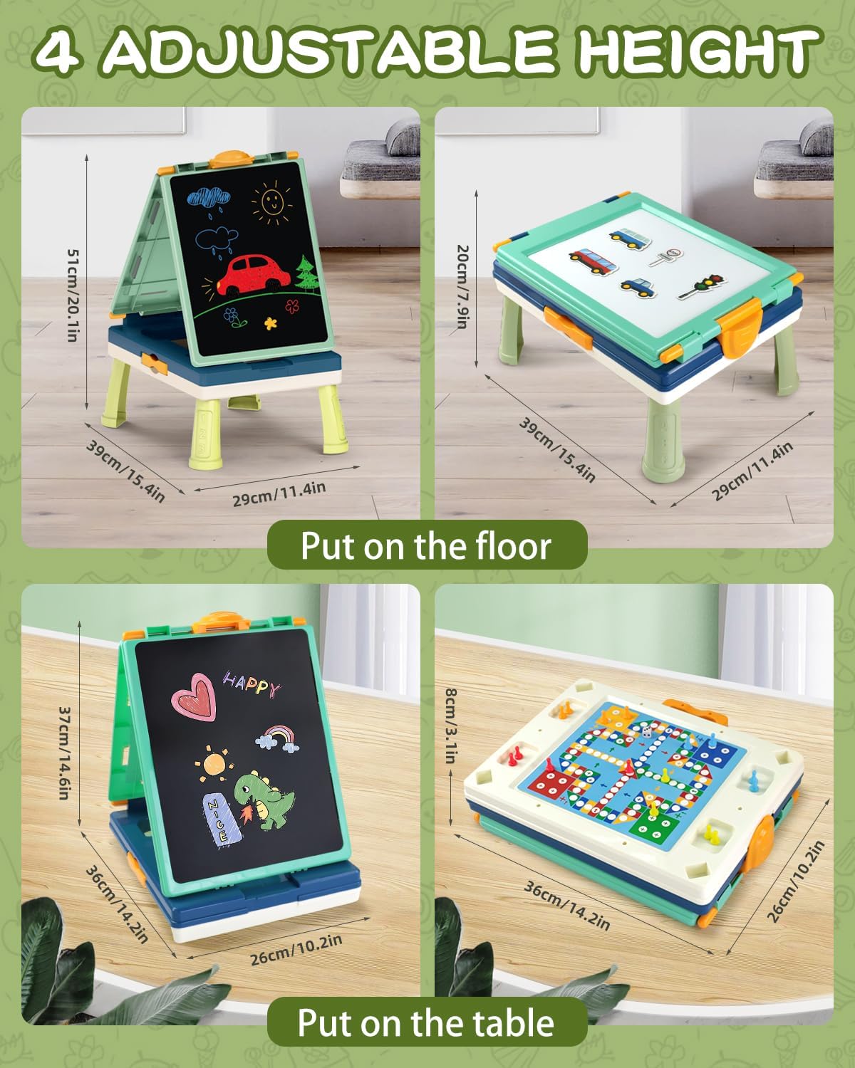 Elovien Caballete para niños, caballete de mesa para niños pequeños, caballete de arte plegable 4 en 1 de doble cara para niños con pizarra y