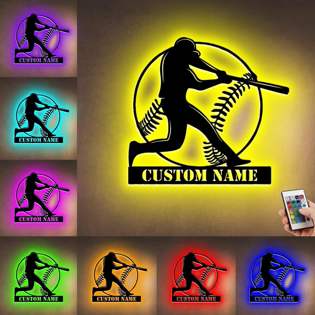 Decoración de pared de béisbol personalizada con 16 colores de luz LED, control remoto, nombre personalizado, letrero de neón, tema deportivo, arte