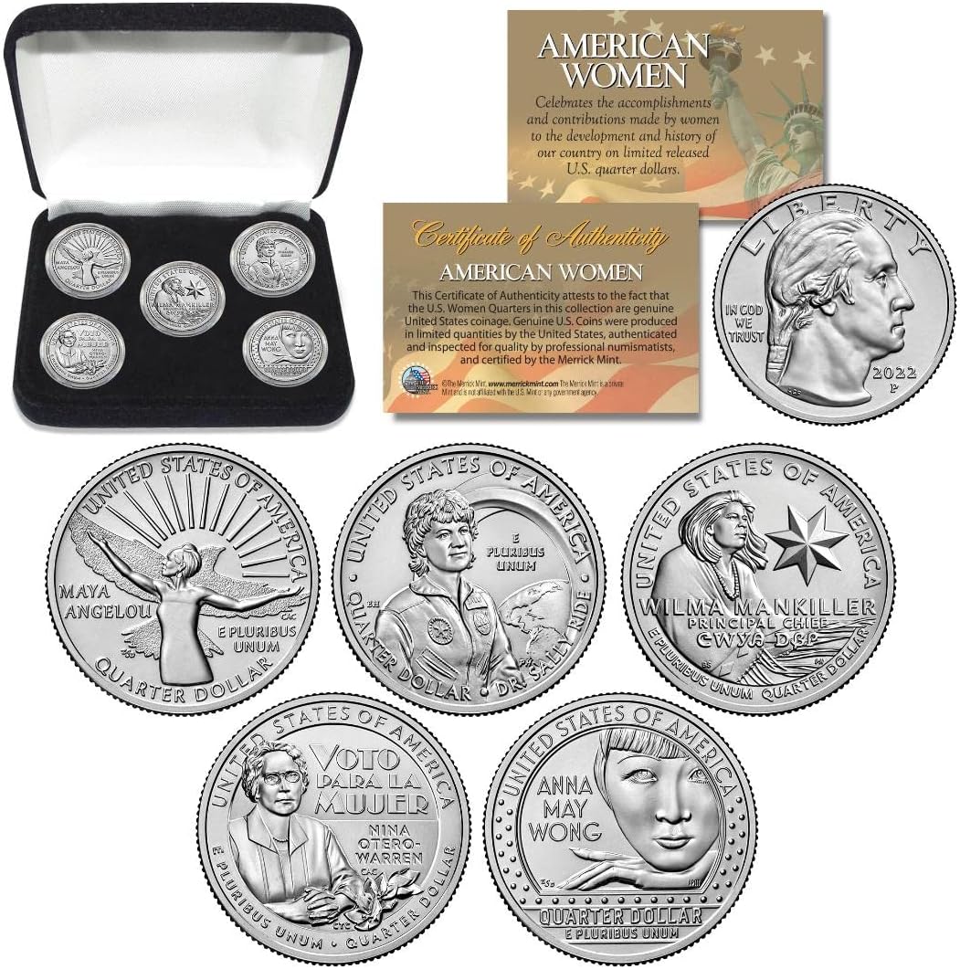 Juego completo de 5 monedas de American Women Quarters U.S. Mint 2022 en cápsulas con caja de exhibición (P-menta)
