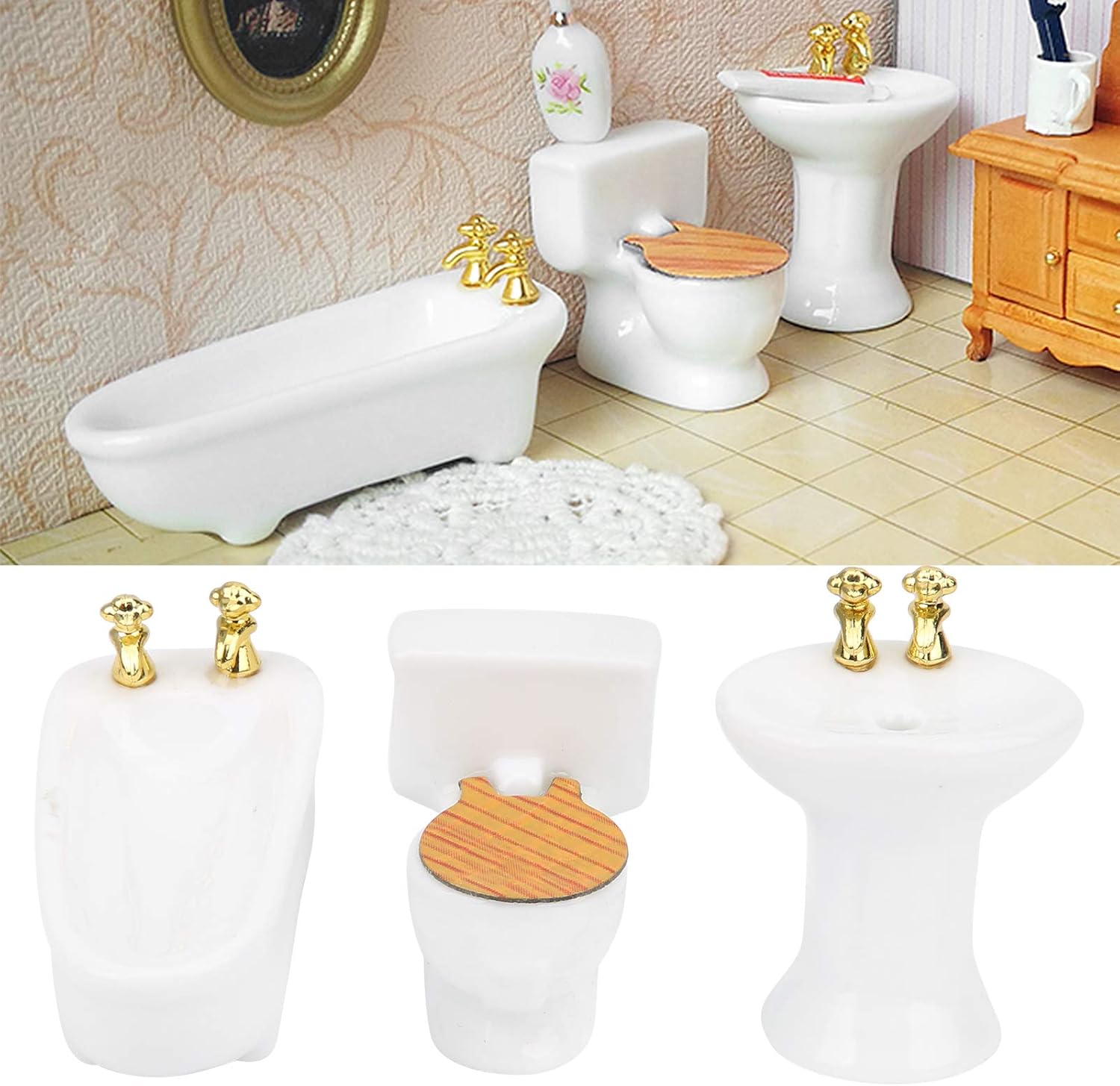 Tina de casa de muñecas, 124 casa de muñecas en miniatura, juego de baño de imitación para bañera de cerámica, kit de fregadero (#1) Melody Jane