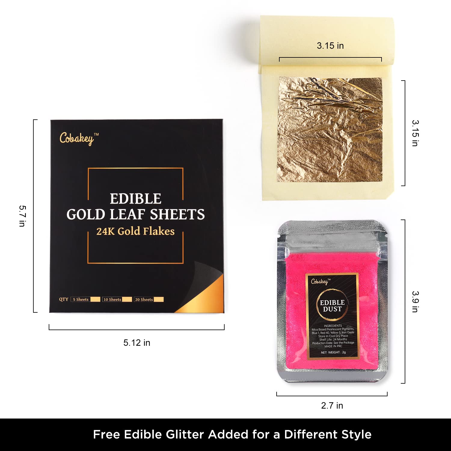 Cobakey Hojas de oro comestibles de 3.15 x 3.15 pulgadas, hojas de oro auténtico de 24 quilates, 5 piezas para decoración de alimentos, bebidas y