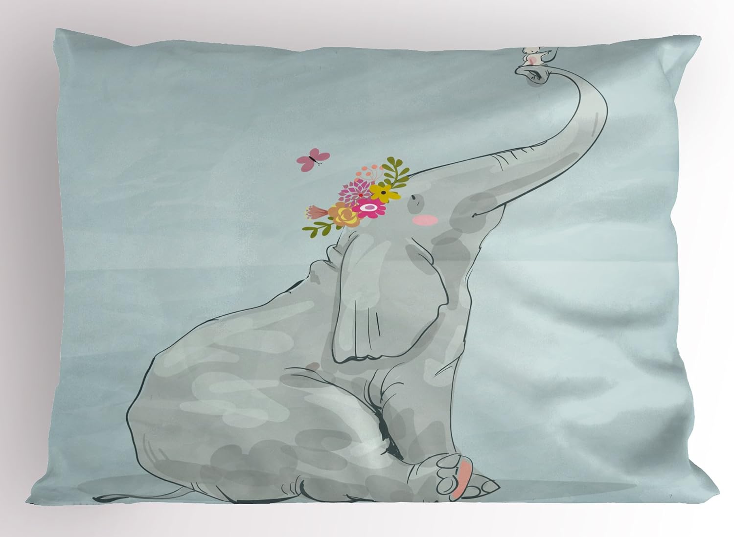 Ambesonne Funda de almohada de elefante para guardería, elefante y ratón, diseño de flores dibujadas a mano, funda de almohada decorativa estándar