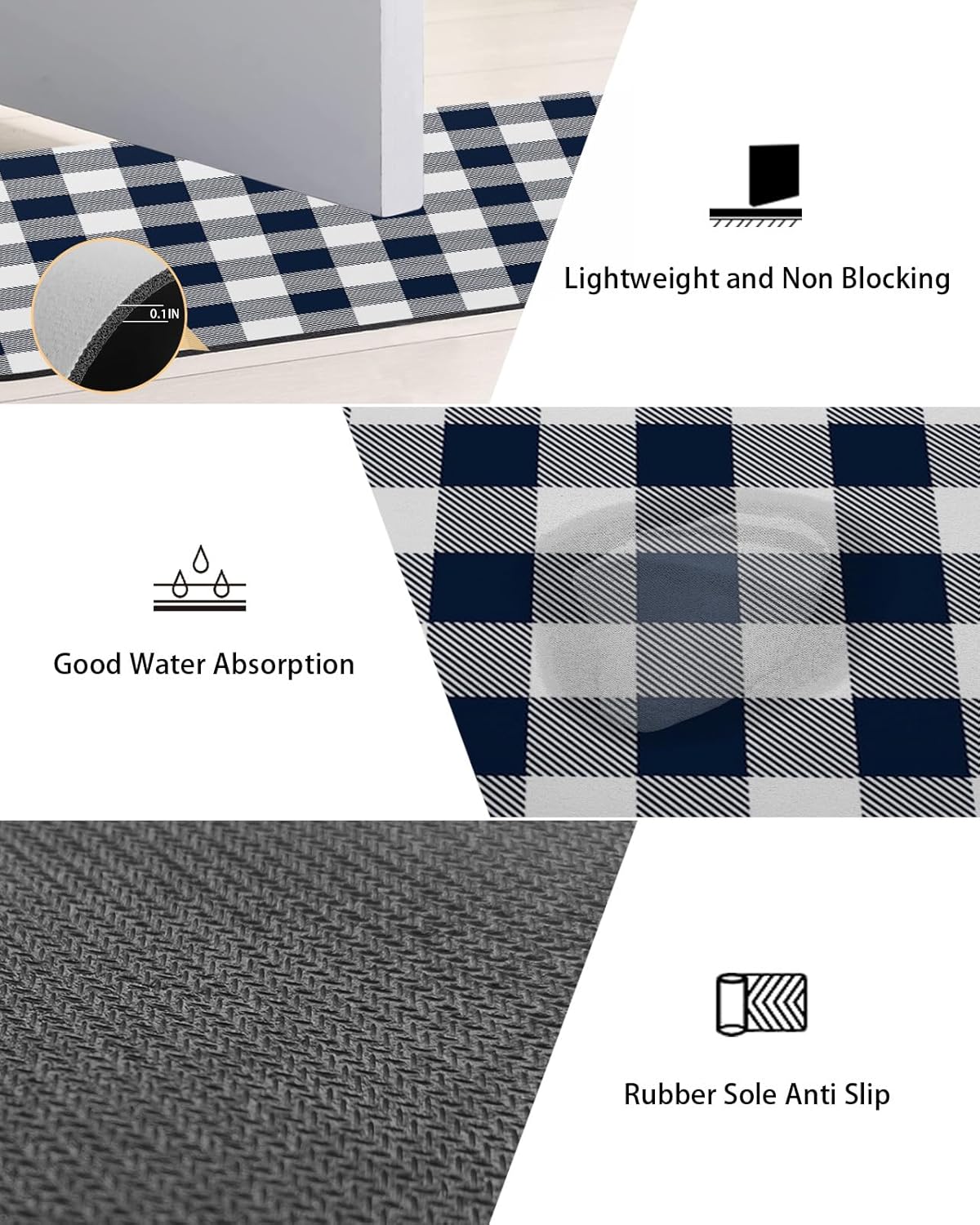Bathroom Mat, Country Rural Style Navy Blue and White Buffalo Check Gingham Bath Rugs Absorbent Bathroom Floor Mats Non Slip Low Profile Quick Dry