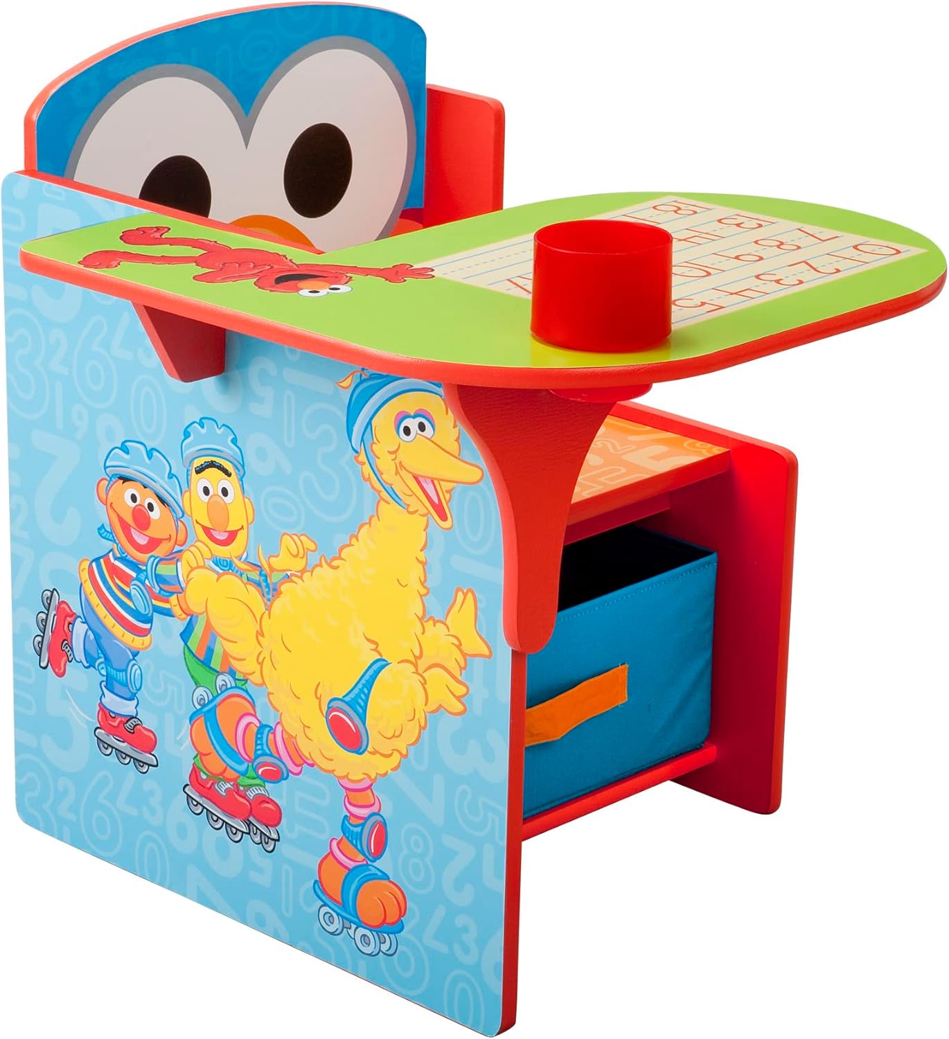 Delta Children Escritorio con silla con contenedor de almacenamiento + estantería de madera de 4 estantes para niños, Plaza Sésamo (paquete)