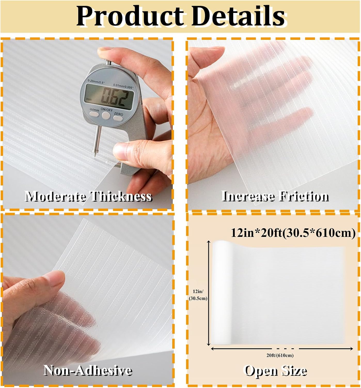 Revestimientos de estantes de 12 pulgadas x 20 pies para armarios de cocina, antiadherentes, forro de estantes, cajones, protector de EVA para
