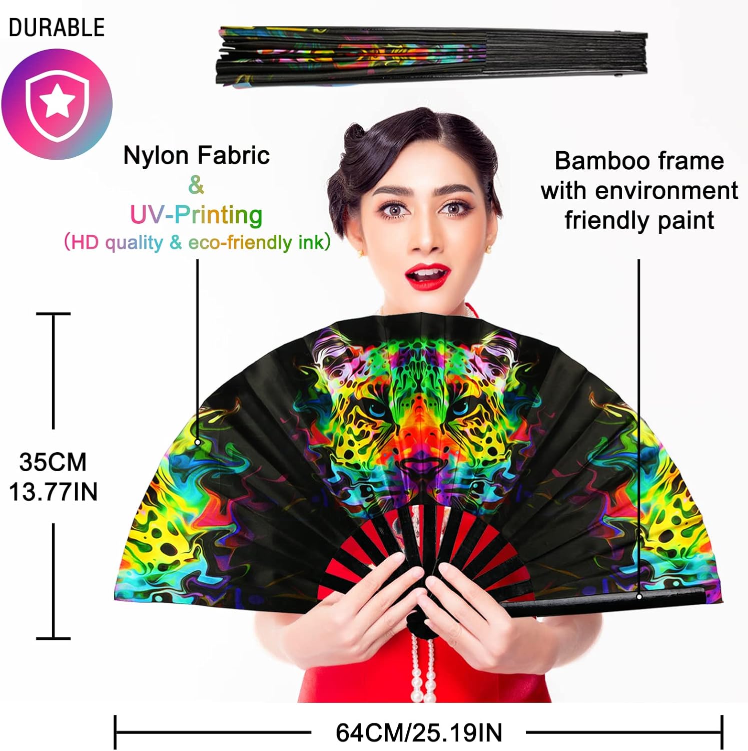 Ventilador de mano plegable grande para hombres y mujeres con bolsa de terciopelo, colorido ventilador UV brillante para fiestas de música