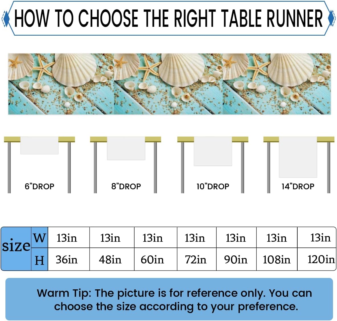 Table Runner Shell Starfish Beach, Autumn Rustic Linen Table Cloth Kitchen Dining Table Decor for Home Party 13 x 72 Inches