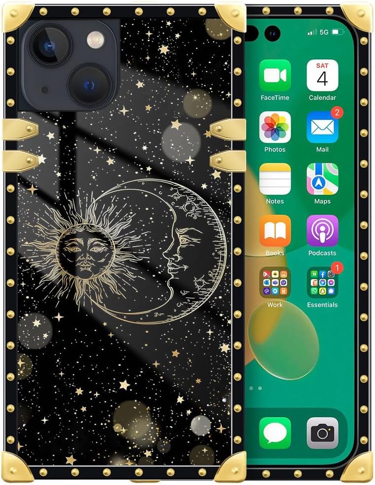 Cvkoyhl Compatible con iPhone 13 Mini funda cuadrada para teléfono, J Sun and Moon Stars Luxury TPU Corner Funda de protección a prueba de golpes