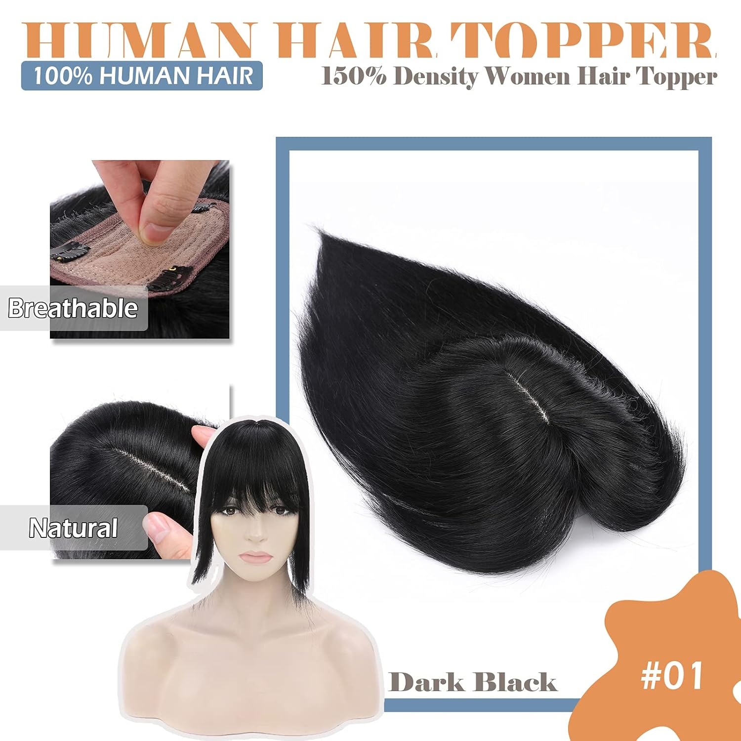 Toppers de cabello humano con flequillo, base de seda, extensiones de cabello con clip en la parte superior, extensiones de cabello de repuesto con