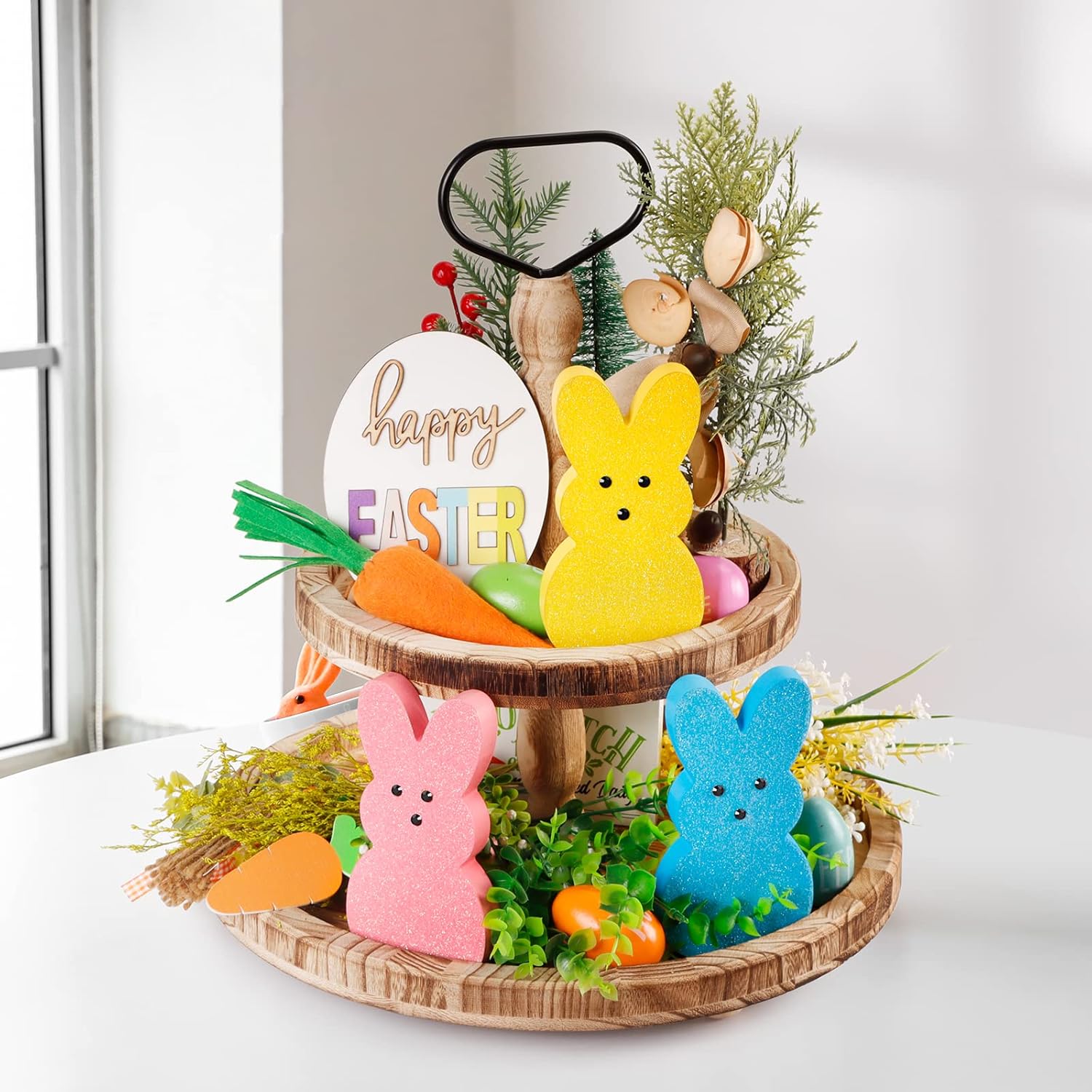 Decoración de Pascua, 3 piezas de letreros de madera de Pascua brillantes para bandeja escalonadamanteldecoración de mesa, estilo de píos con ojos 3D