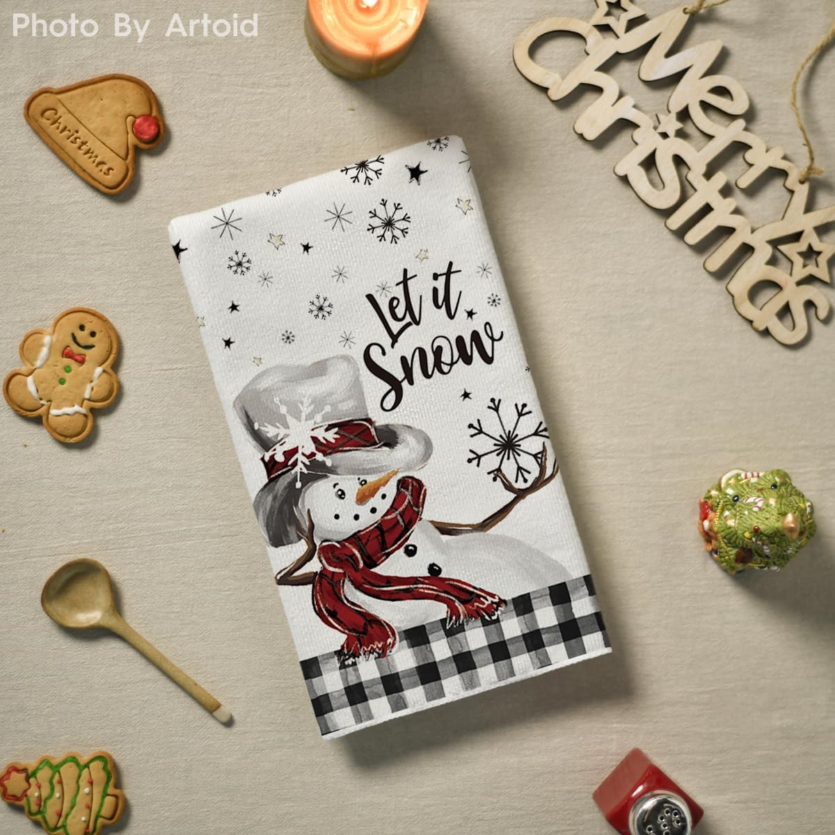 Artoid Mode Juego de 2 toallas de cocina de invierno con diseño de muñeco de nieve con diseño de muñeco de nieve de búfalo, 18 x 26 pulgadas,