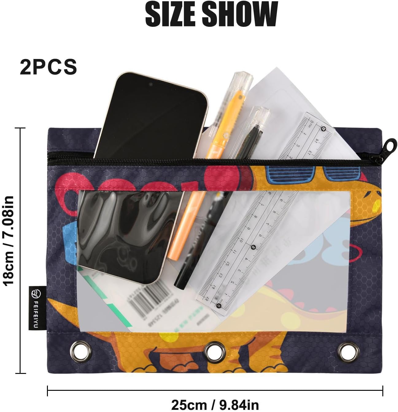 Gredecor Estuche para lápices con 3 anillos, con cremallera de dinosaurio, paquete de 2 unidades, organizador transparente para la escuela y la