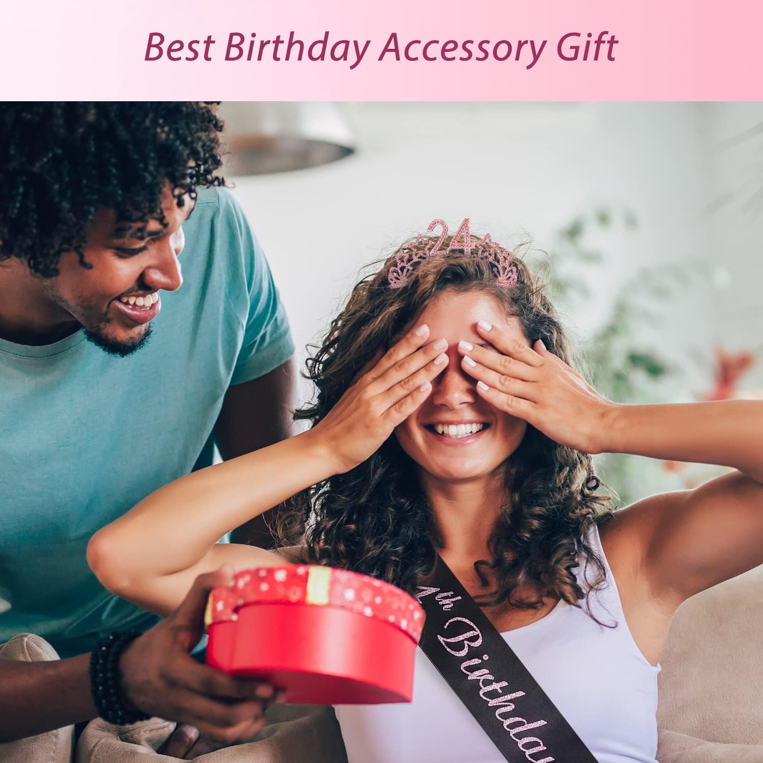 Banda y tiara de cumpleaños número 24 para mujer, juego fabuloso banda con purpurina + estrellas de diamantes de imitación rosa tiara de metal