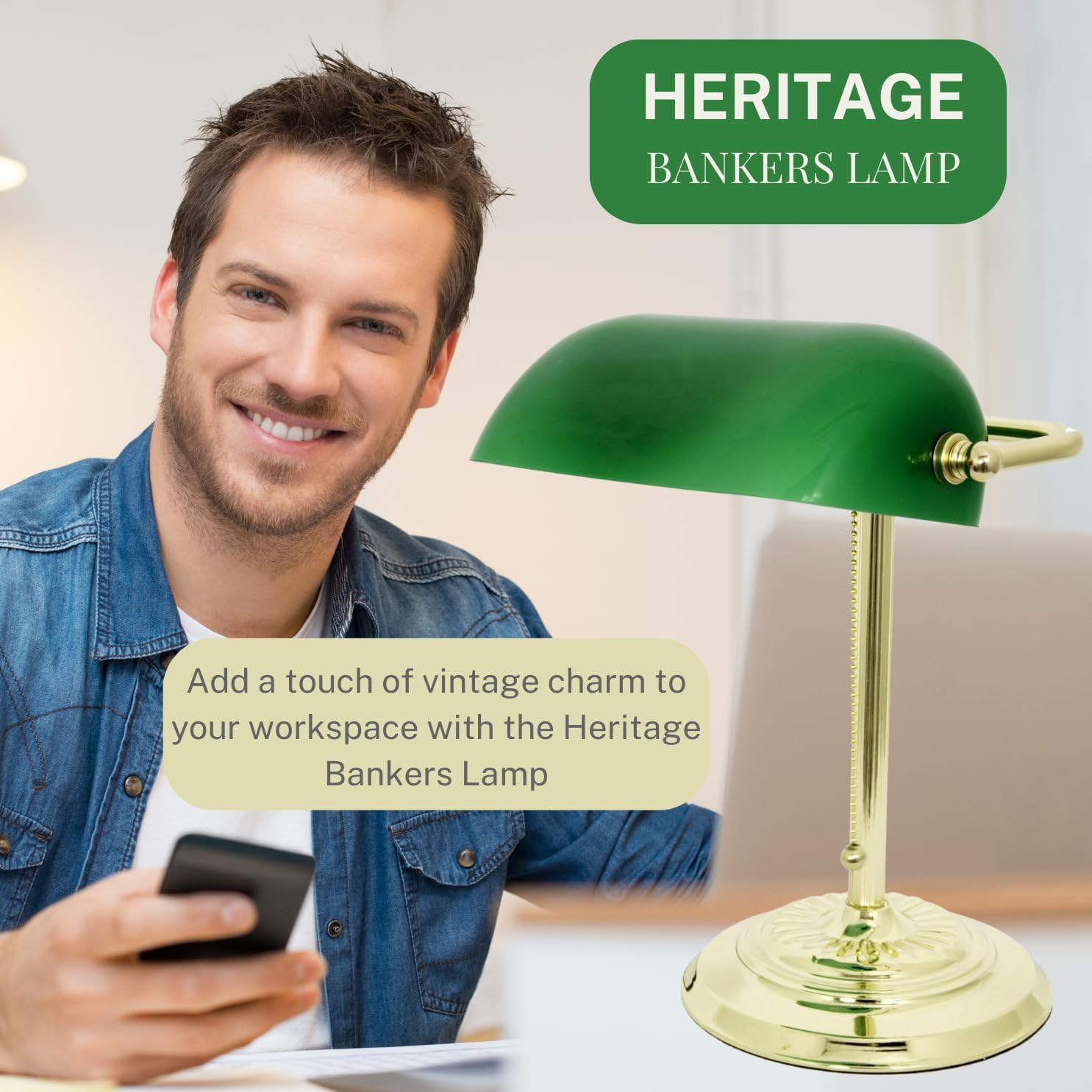 Lámpara de escritorio Green Bankers con pantalla de vidrio de LightAccents, luz de escritorio tradicional con pantalla de vidrio verde clásico y