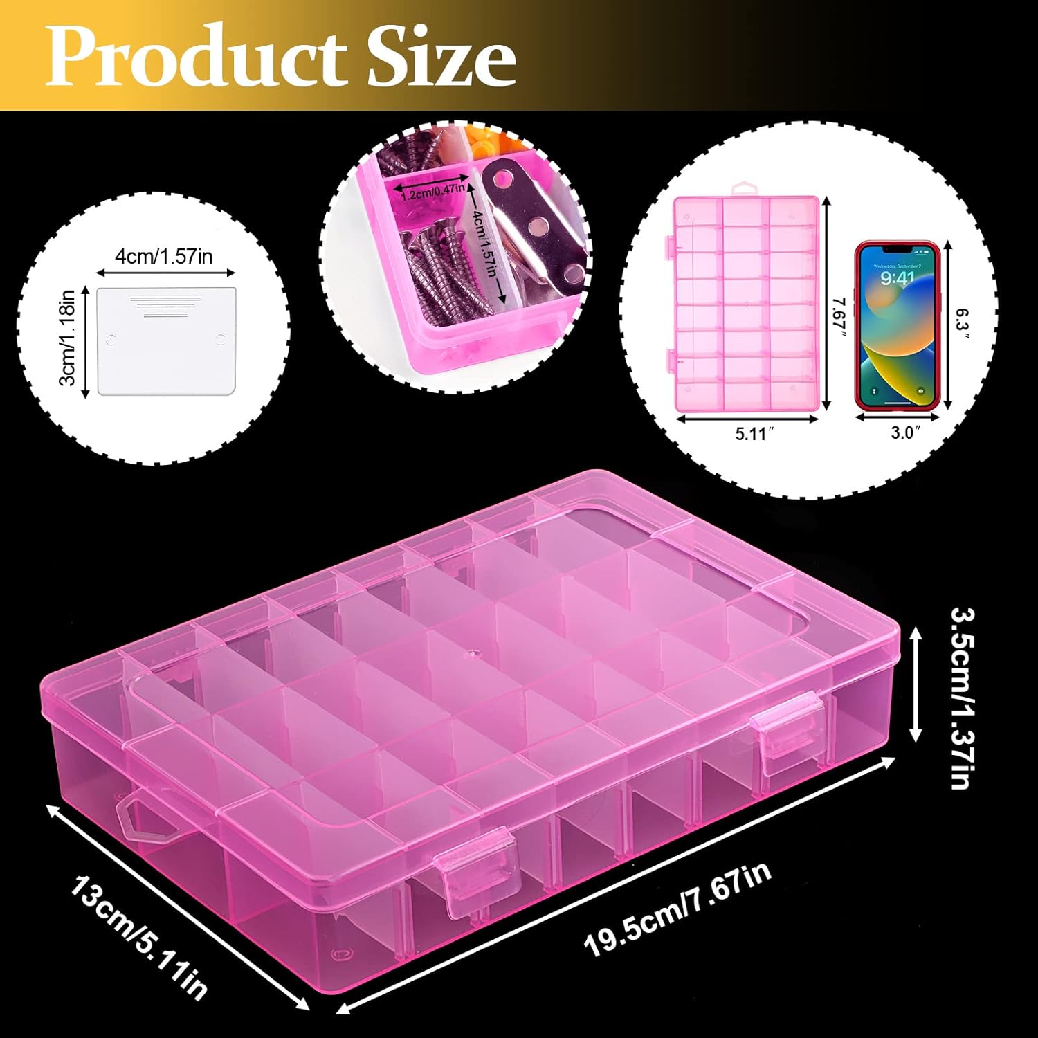 Paquete de 2 cajas organizadoras de plástico rosa de 24 rejillas, contenedor de almacenamiento con divisor ajustable, organizadores de manualidades