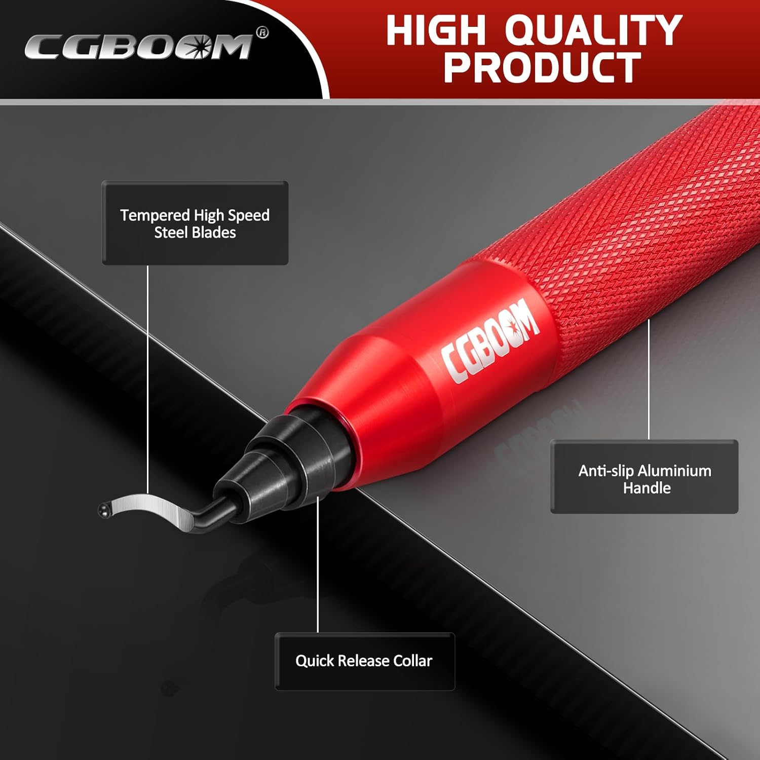 CGBOOM Herramienta de desbarbado con 12 cuchillas extra HSS (acero) y 1 mango de aluminio, funciona en metal, plástico, resina, impresora 3D, tubos