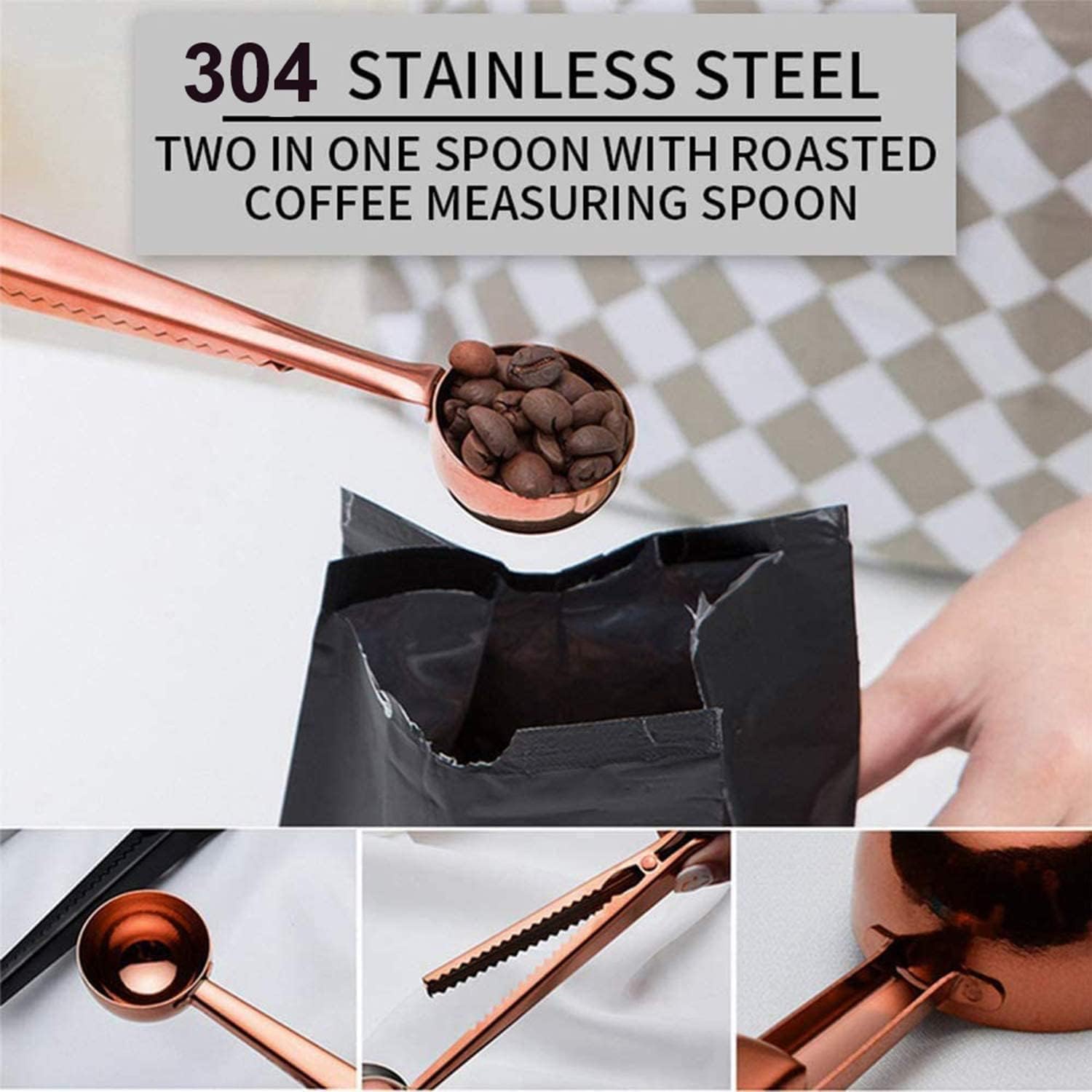 Paquete de 2 cucharas de café, cucharas medidoras de acero inoxidable con clip para bolsa de café molido, expreso, granos de café (oro rosa y oro