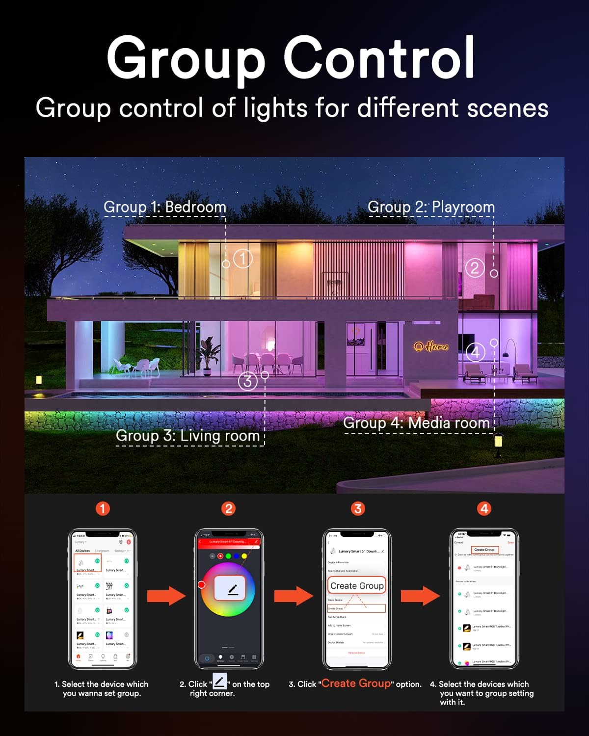 Iluminación LED de empotrar de 6 pulgadas, 13 W Lumary Luminarias LED, luces WiFi de empotrar inteligentes, Luminarias RGBWW, se sincroniza con la