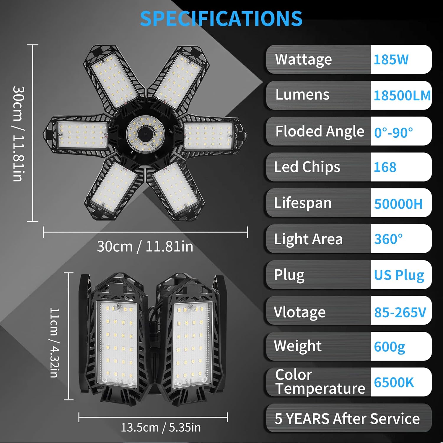 Paquete de 4 luces de garaje enchufables, 185 W, 18500 lúmenes, luz LED de tienda conectable, 6500 K, luces de techo LED con 6 paneles deformables