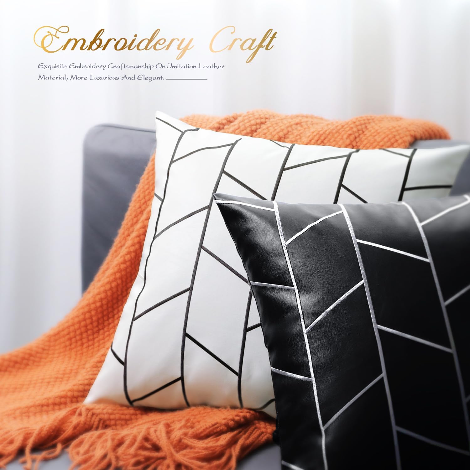 BRAWARM Fundas de almohada de piel sintética de 20 x 20 pulgadas, fundas de almohada de cuero blanco y negro, paquete de 2, almohadas decorativas de