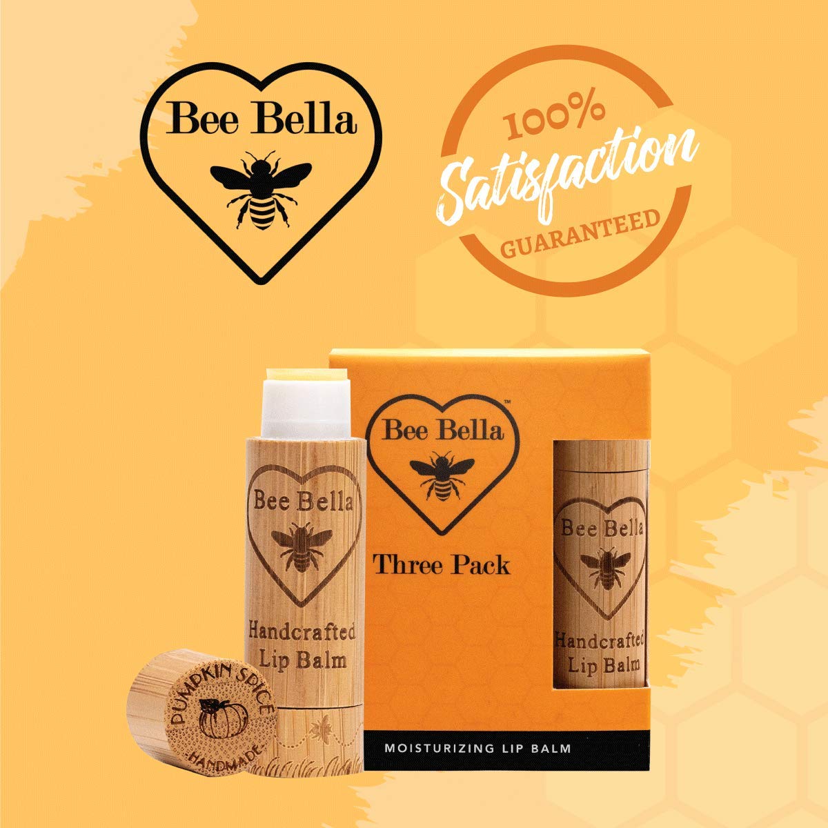 Bee Bella Bálsamo labial de especias de calabaza (paquete de 3) con cera de abejas, aceite de coco, aceite de jojoba, aceite de vitamina E, aceite