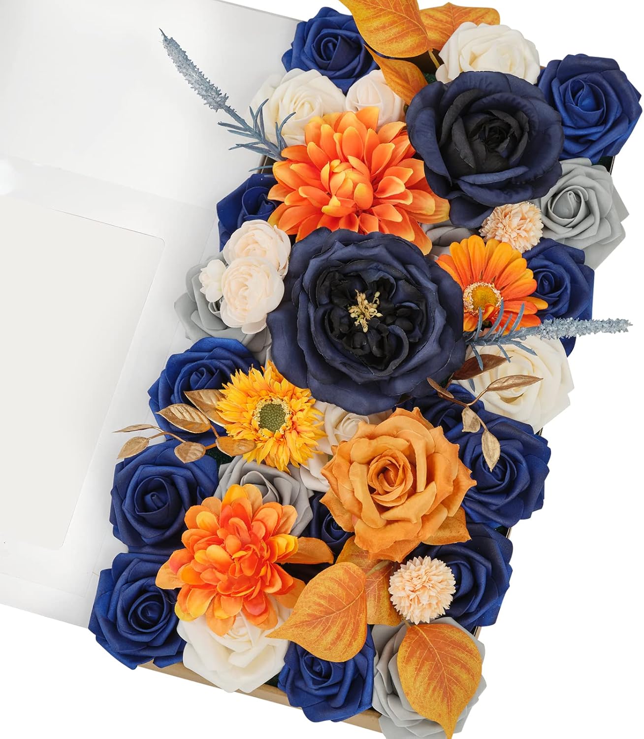 TINGE TIME Flores artificiales, naranja quemado y azul marino, combo de flores para bricolaje, ramos de boda, centros de mesa, arreglos de mesa,