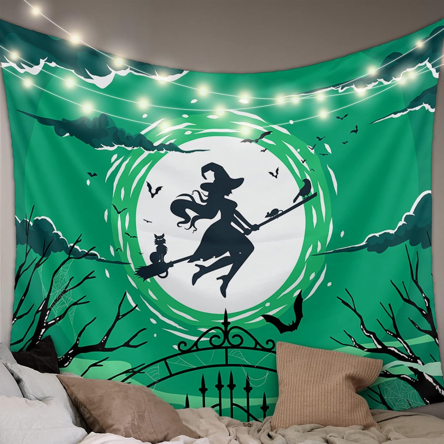 Tapiz de Halloween para colgar en la pared, diseño de bruja de luna llena, tapiz verde estético para dormitorio, sala de estar, dormitorio