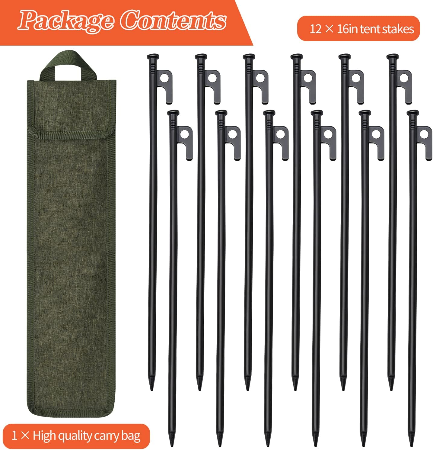 Paquete de 481216 estacas para tienda de campaña, estacas de tienda de 8101216 pulgadas resistentes con bolsa de almacenamiento, estacas de acero