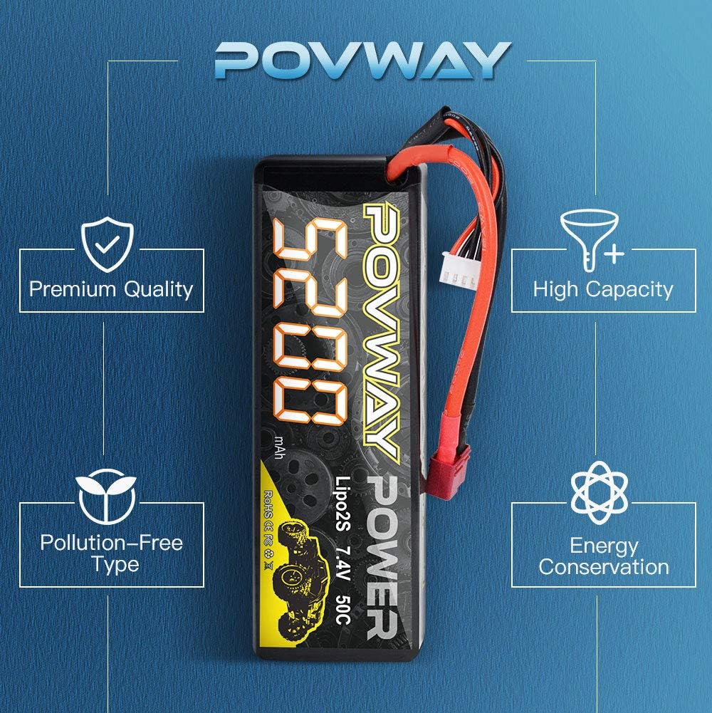 POVWAY 5200mAh 2S LiPo Battery 50C 7.4V RC Battery Hard Case with Dean-Style T Connector for RC Cars, RC Truck, RC Airplane, RC Helicopter, Drone,