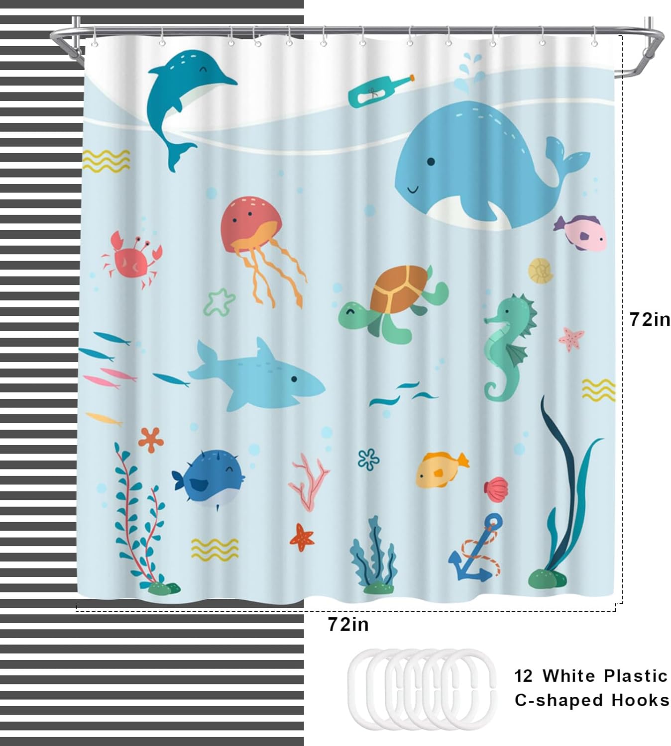 WELMECO Cortina de ducha con diseño de peces, cortina de ducha para niños, decoración de baño de 72 x 72 pulgadas, tela de poliéster (azul claro)