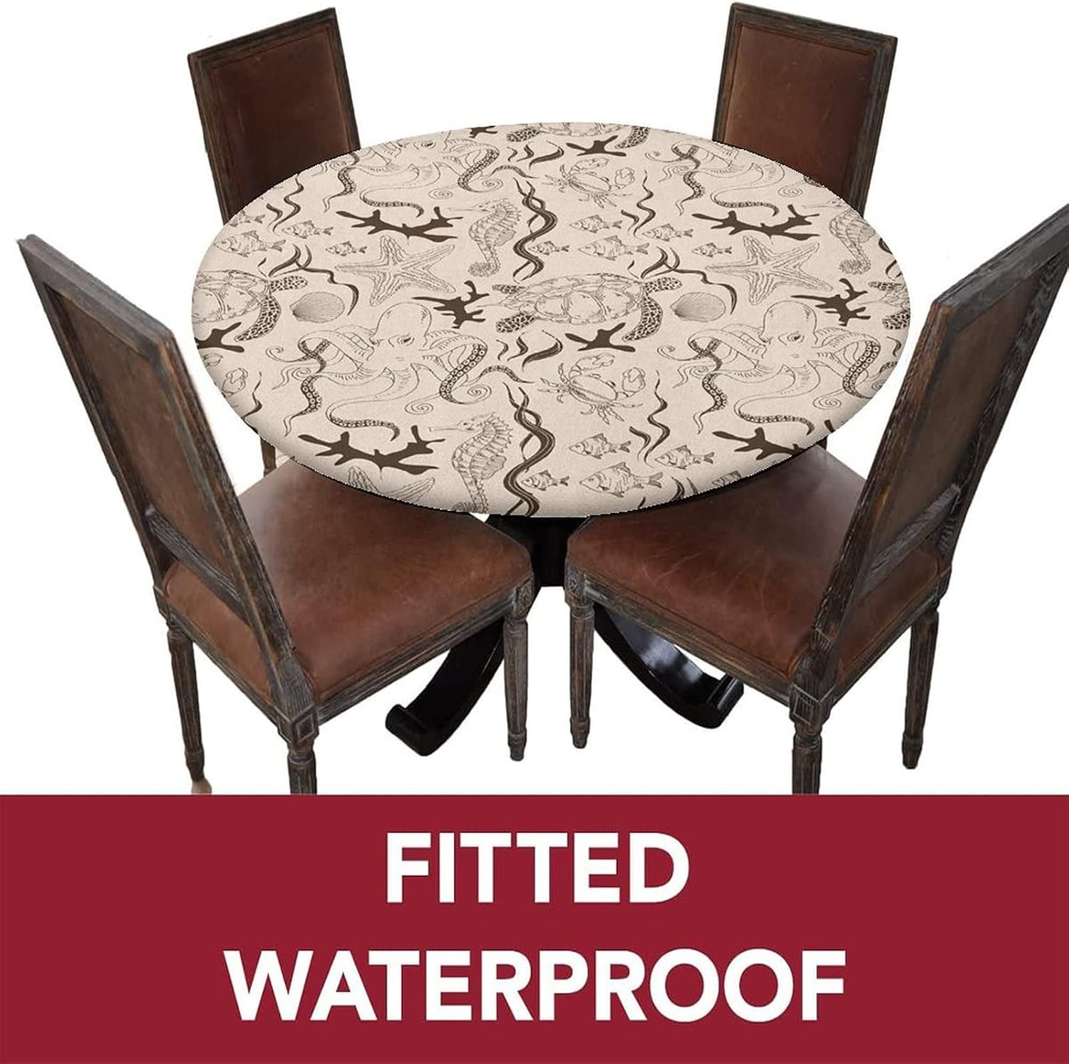 Mantel ajustable redondo decorativo, almohadilla de mesa ajustable de poliéster con bordes elásticos beige, animales marinos contemporáneos en